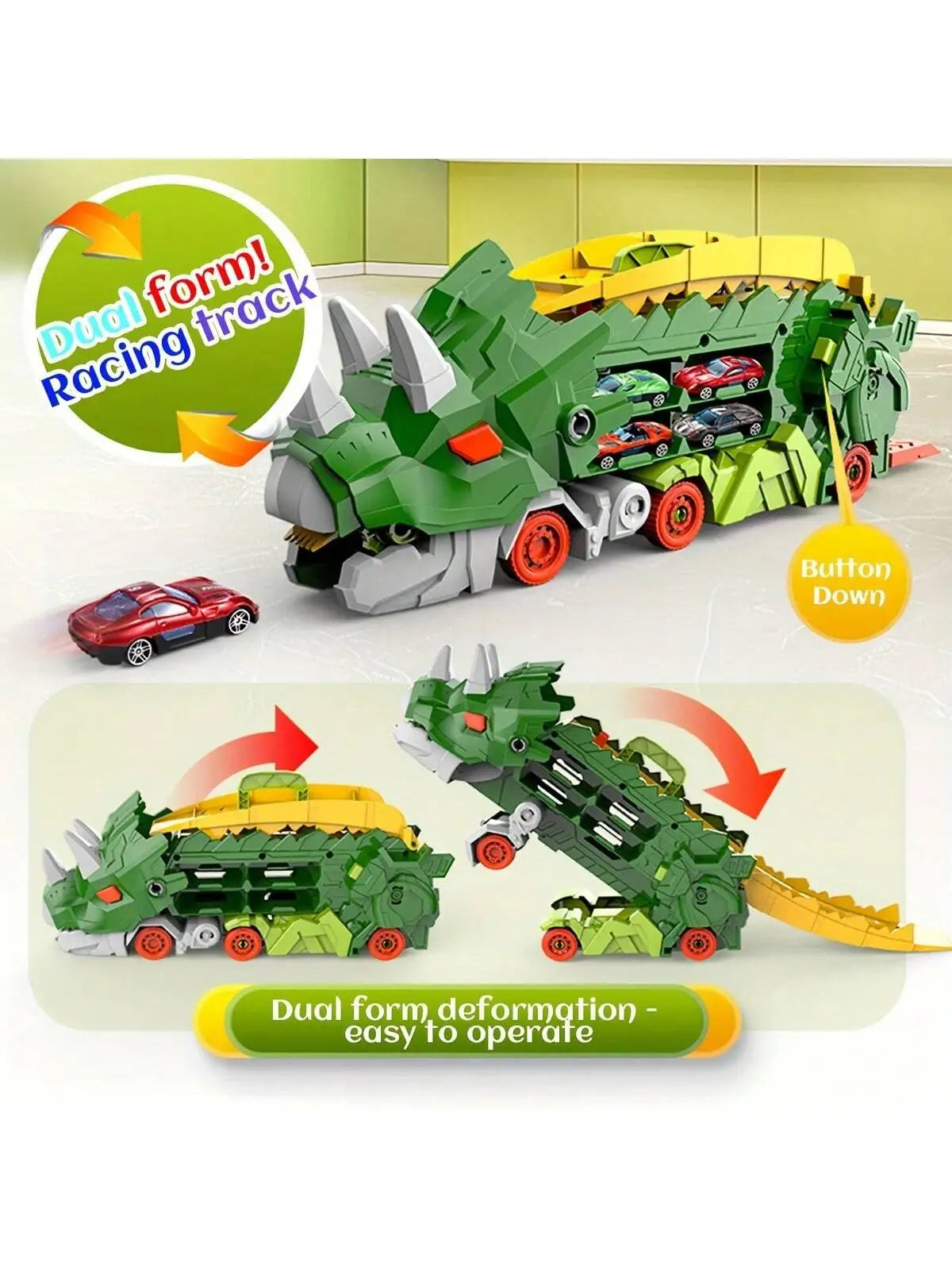 Dino Transporter Car – Folding Dinosaur Carrier + 2 Metal Cars
